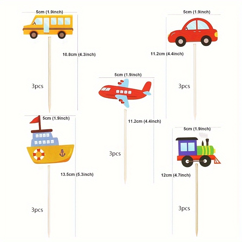 15 Printed Car, Ship, Train, Airplane Vehicle Cake Toppers For Birthday Party Cake Decorations