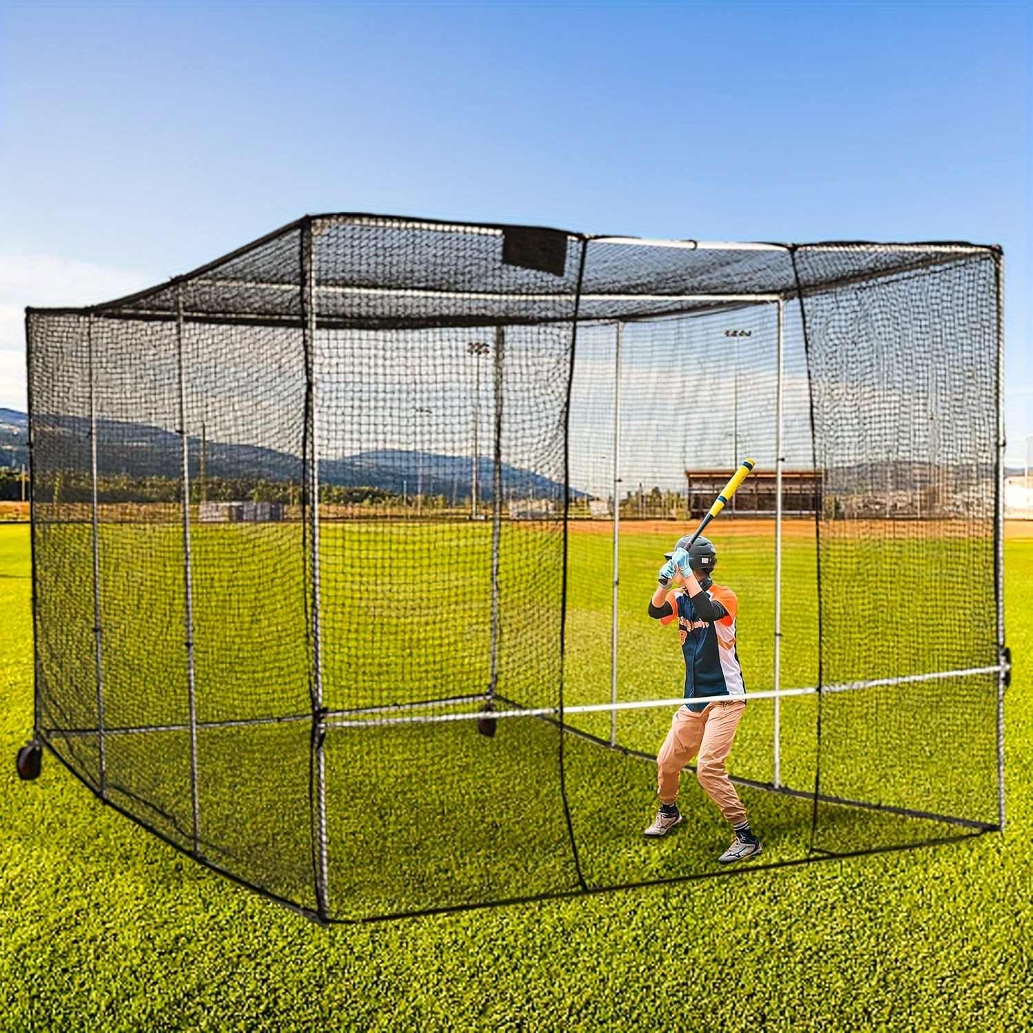 13×10×8FT Baseball Softball Batting Cage, Black Portable Batting Cages For Backyard Outdoor Pitching Practice Net%ef%bc%8cbaseball Batting Practice Net Indoor Training Cage With Ground Fram