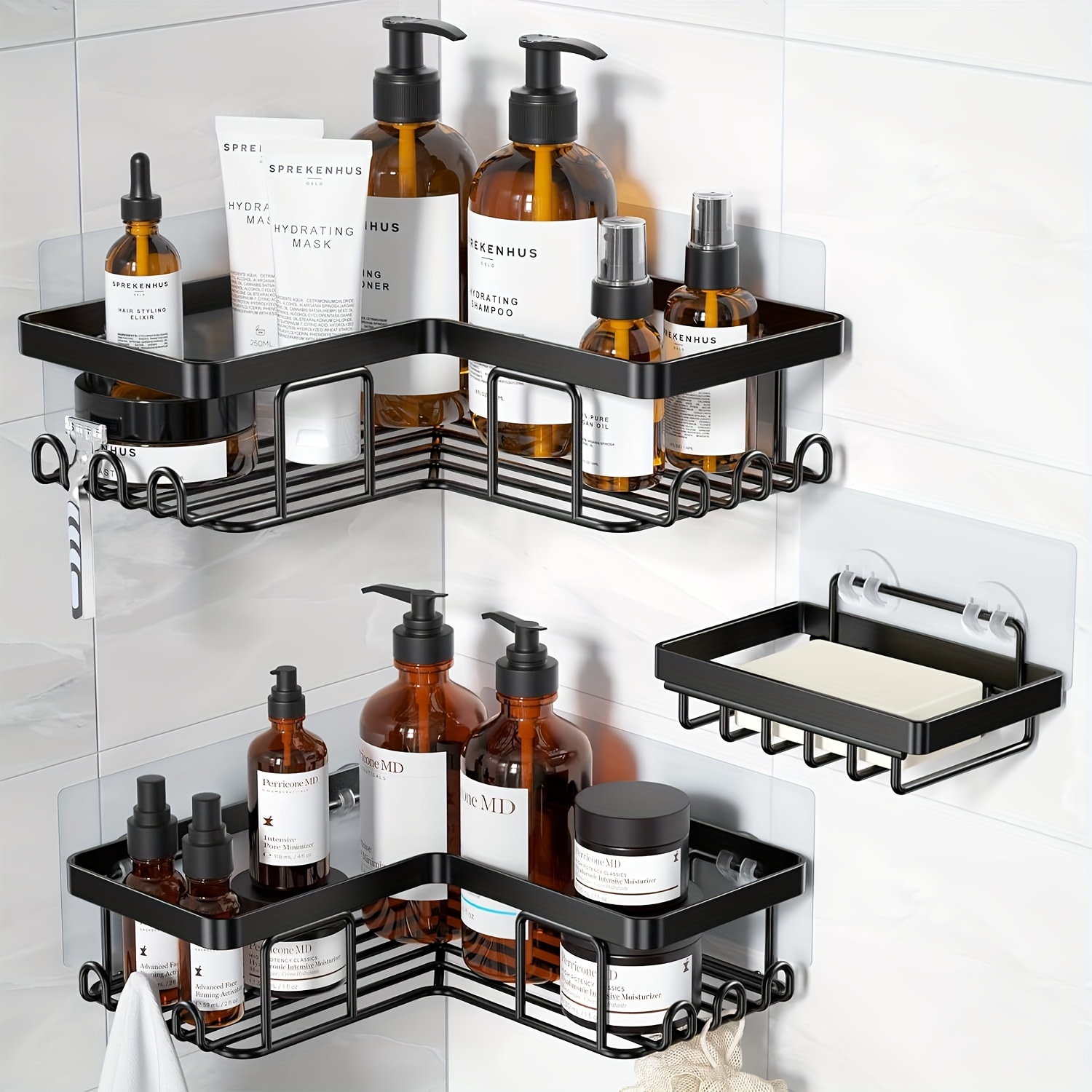 TEMU Shower Shelf Corner Caddy - 3pcs Shower Shelves Corner Organizer, Bathroom Storage Etagere Douche With 12 Hooks, Bathroom Shower Caddy, Shower