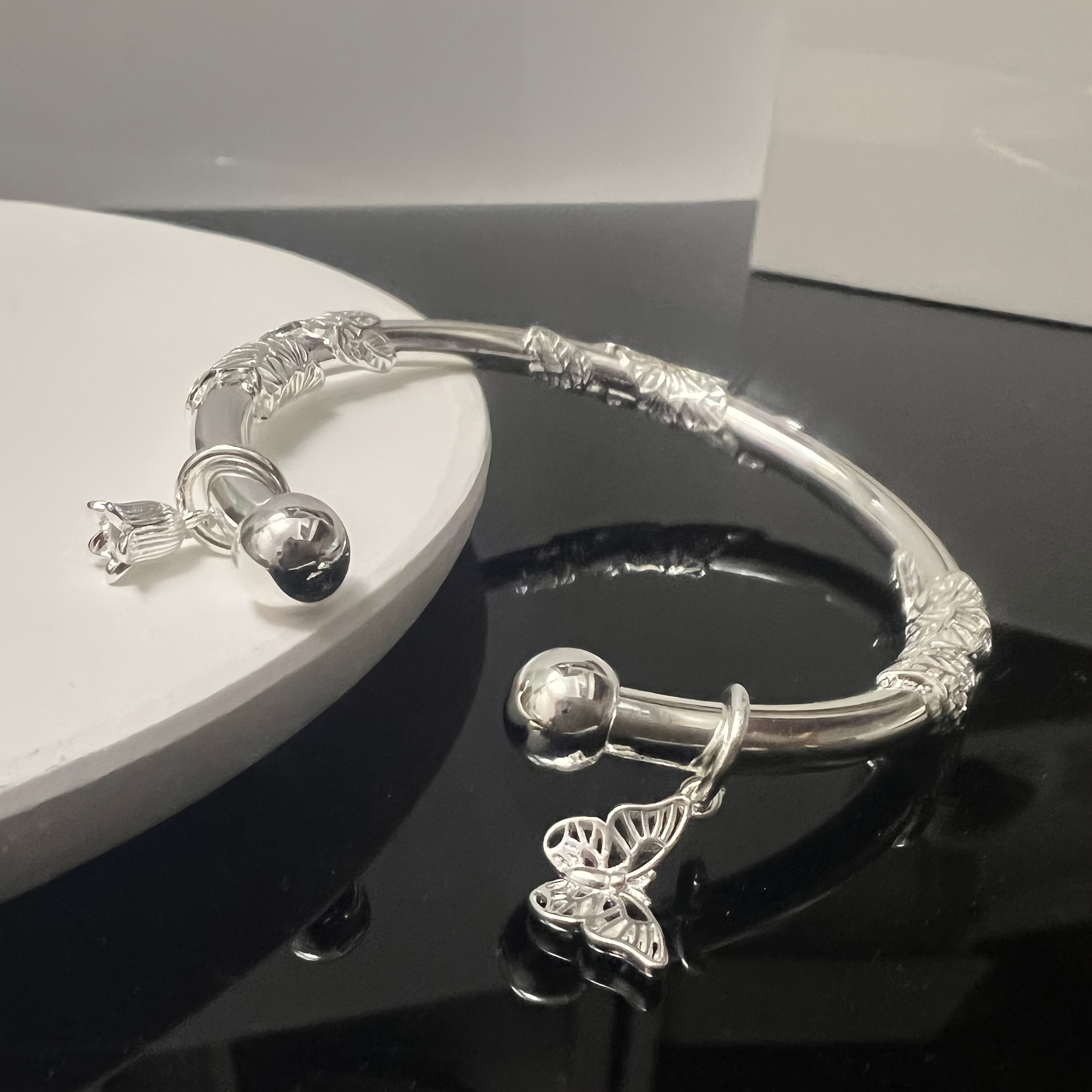 TEMU S999 Silver Bracelet Beautifully Carved Style Flower Adjustable Bracelet 30g Anniversary Birthday Day Gift