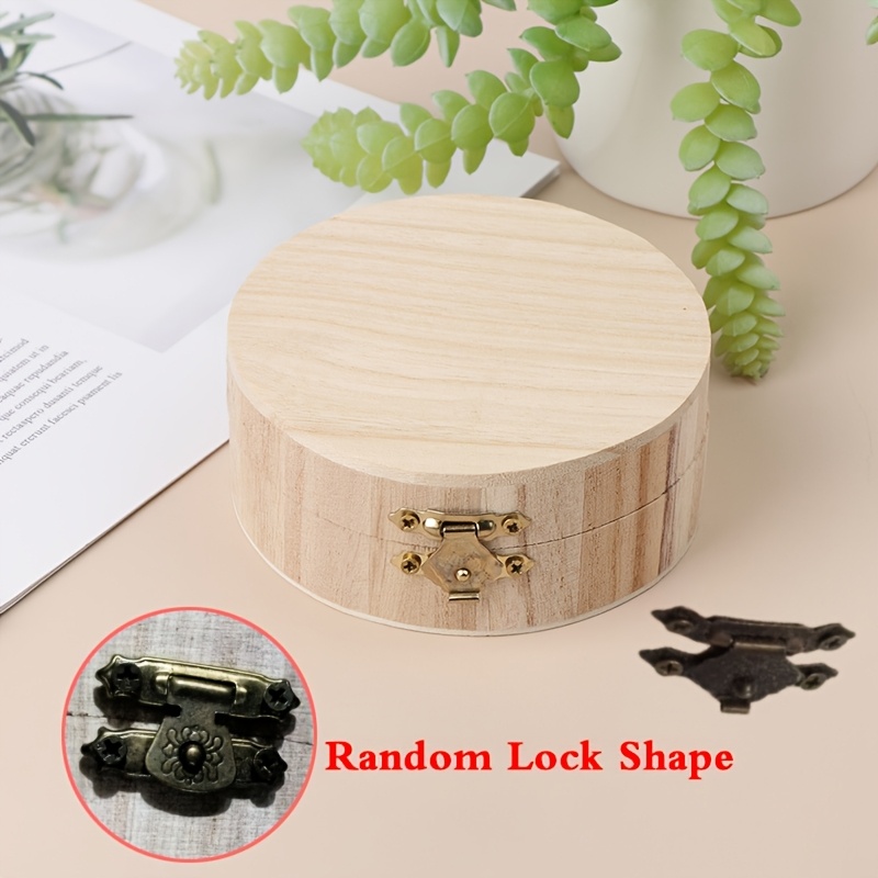 1pc Vintage Round Wooden Jewelry Box Organizer Craft Mud Base Lid Lock Storage Case Storage Box (random Lock Shape)