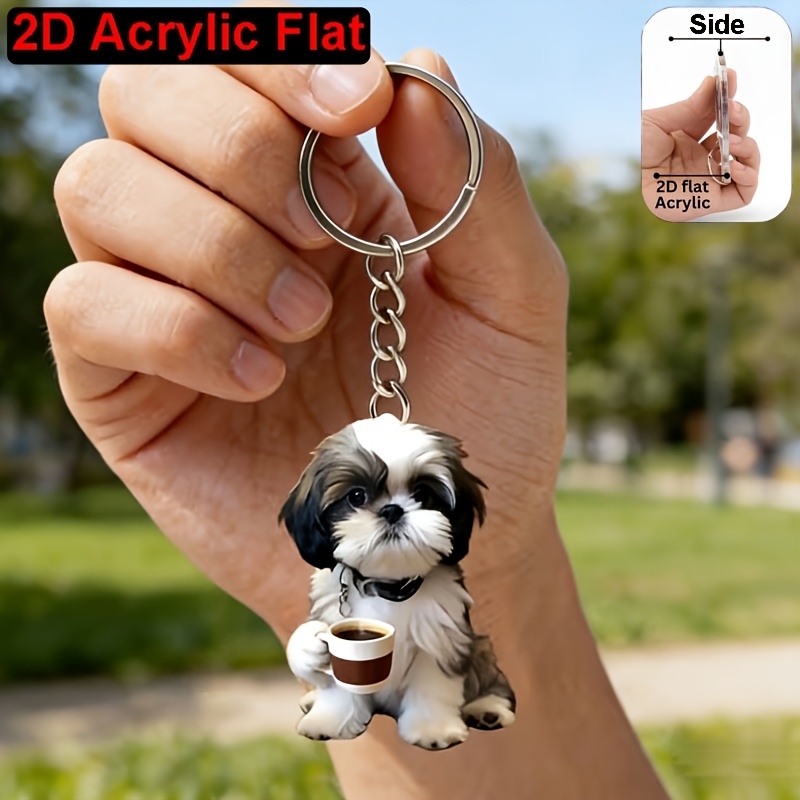 2d Flat 2d Flat Plane, 1-piece Cute Shih Tzu Holding Coffee Keychain, Multi-functional Acrylic Key Ring, Suitable For Car Keychains And Backpack Decoration