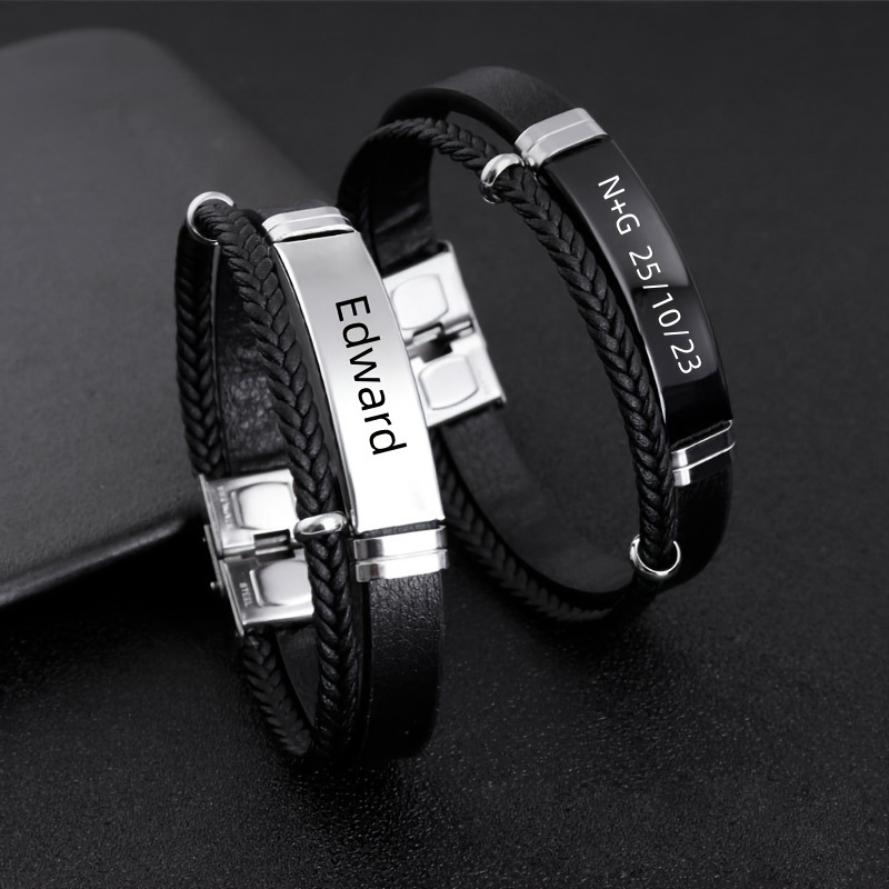 Personalized Men's Braided Faux Leather Bracelet - Double Layer Adjustable
