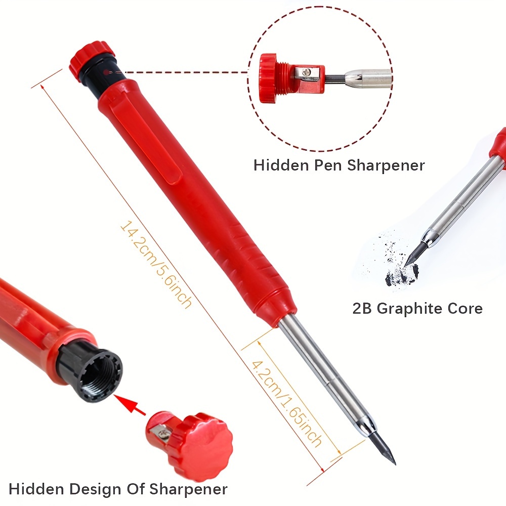 Solid Carpenter Pencil with Refill Lead and Built-in Sharpener for Deep Hole Mechanical Pencil Scribing Marking Woodworking Tool