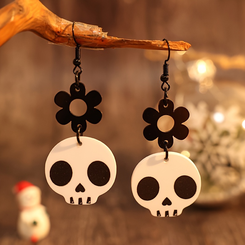 Western New Halloween Skull Head Hand-stitched Black Flower Hollow Long Acrylic Earrings
