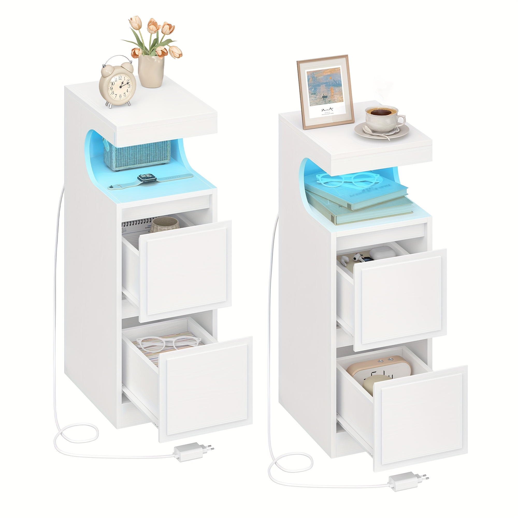 2pcs Set Bedside Table With Led Light | Side Table With 2 Drawers, U-shaped Open Compartment, Adjustable Lighting, Suitable For Bedroom, Living Room, 30 X 24 Cm, White
