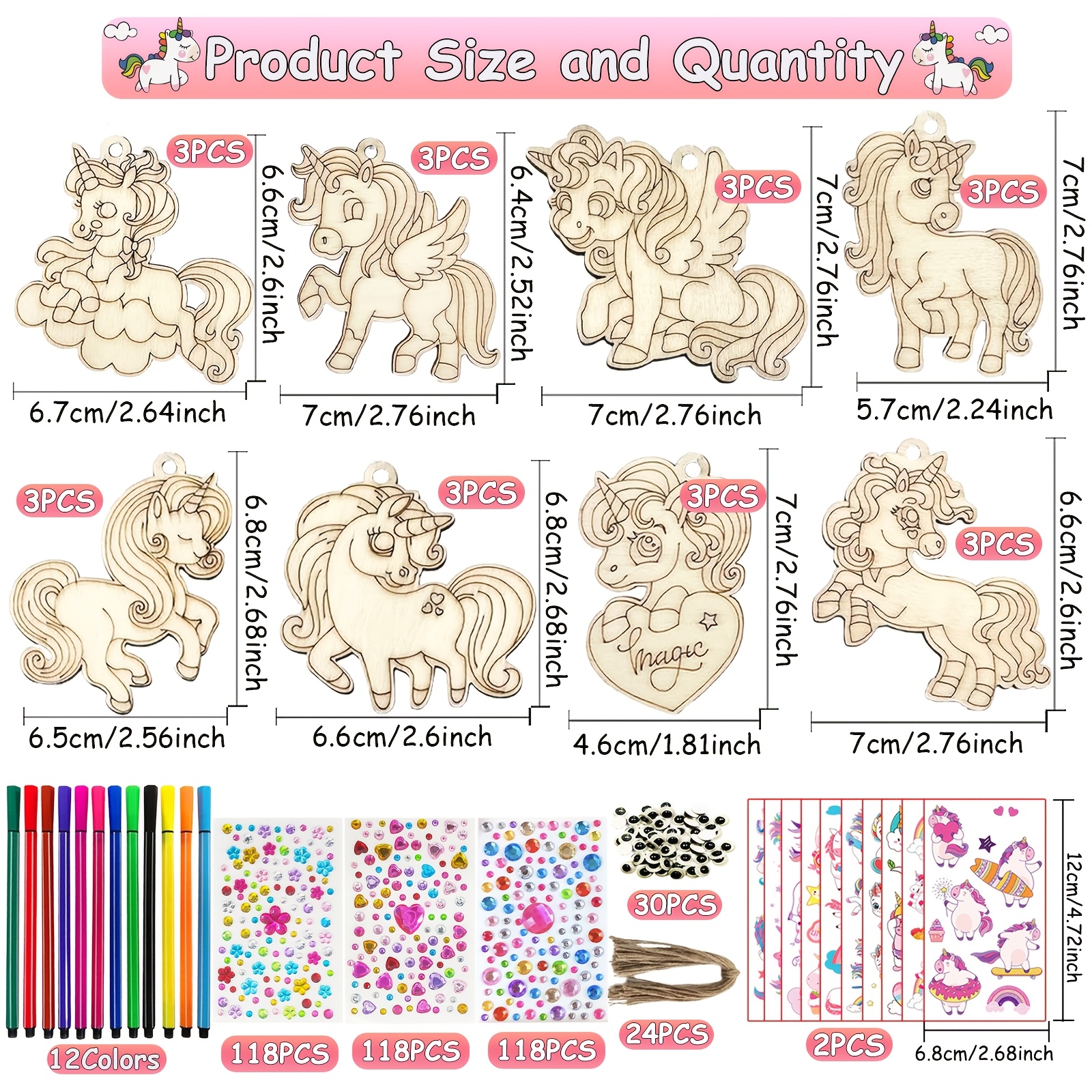 Image of 446pcs Unicorn Wooden Hanging Ornament Set Wooden Craft Kit, Unicorn Wooden Ornaments, Unicorn Decorative Set, Wooden Handicrafts, Unicorn Craft Kit, Birthday Crafts, Birthday Gift Set