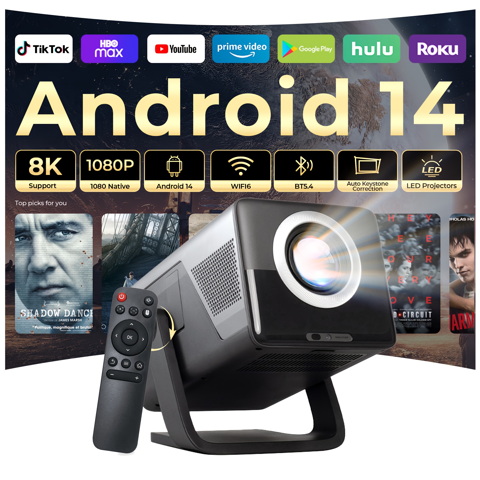 E-shop 14 TV, 8K-Unterstützung, 1080P Projektor mit WiFi6 BT 5.4, Integrierte App & 1500 ANSI, Autofokus & Keystone, Tragbarer Projektor mit Ständer,