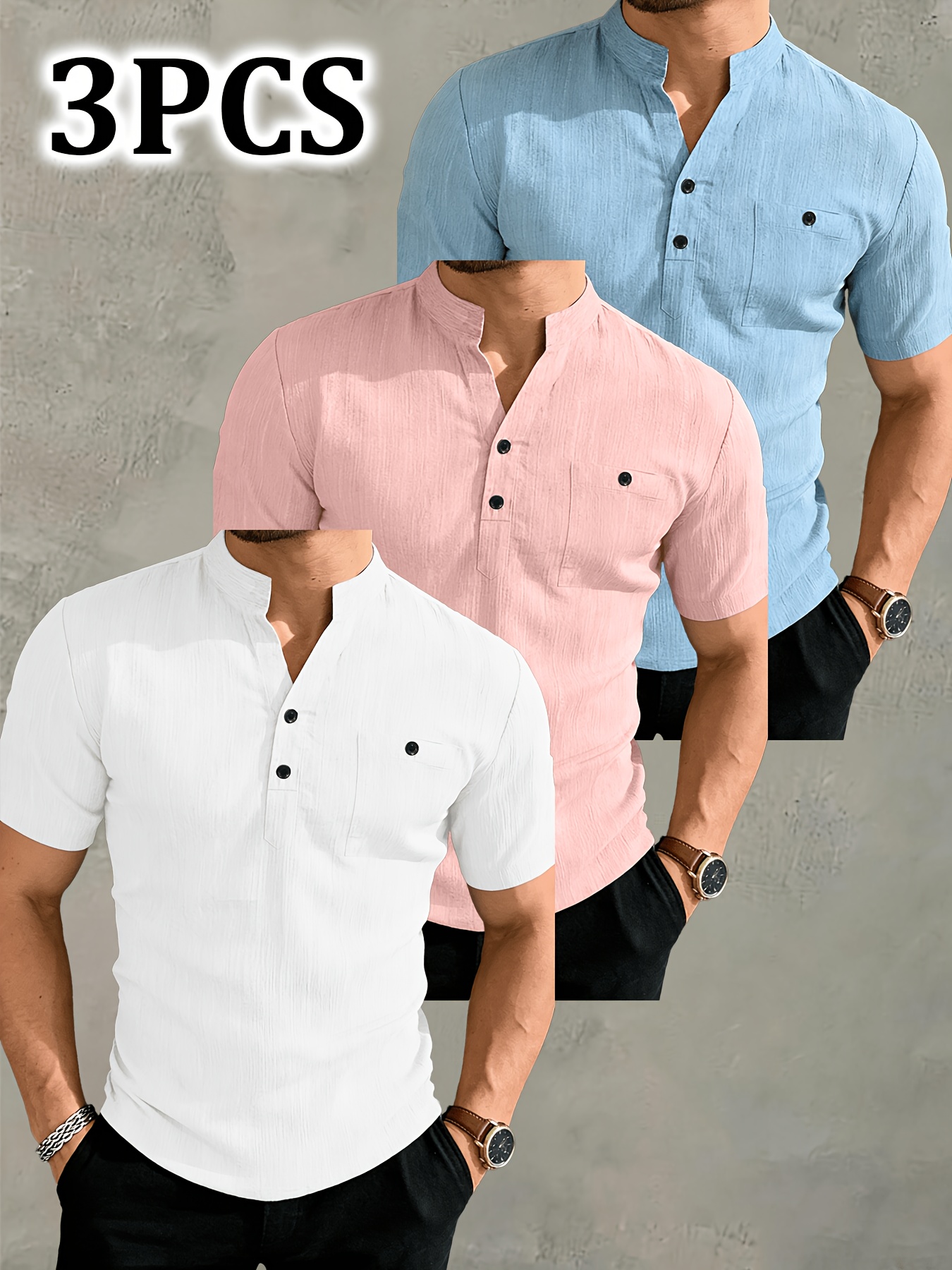 JOSHIMAY Obm 3pcs Set Men'S High Quality Summer Short Sleeve Henley Shirt T-Shirt Men'S Clothing Top, Suitable for Golf Outdoor Camping Fishing And Daily Casual Wear