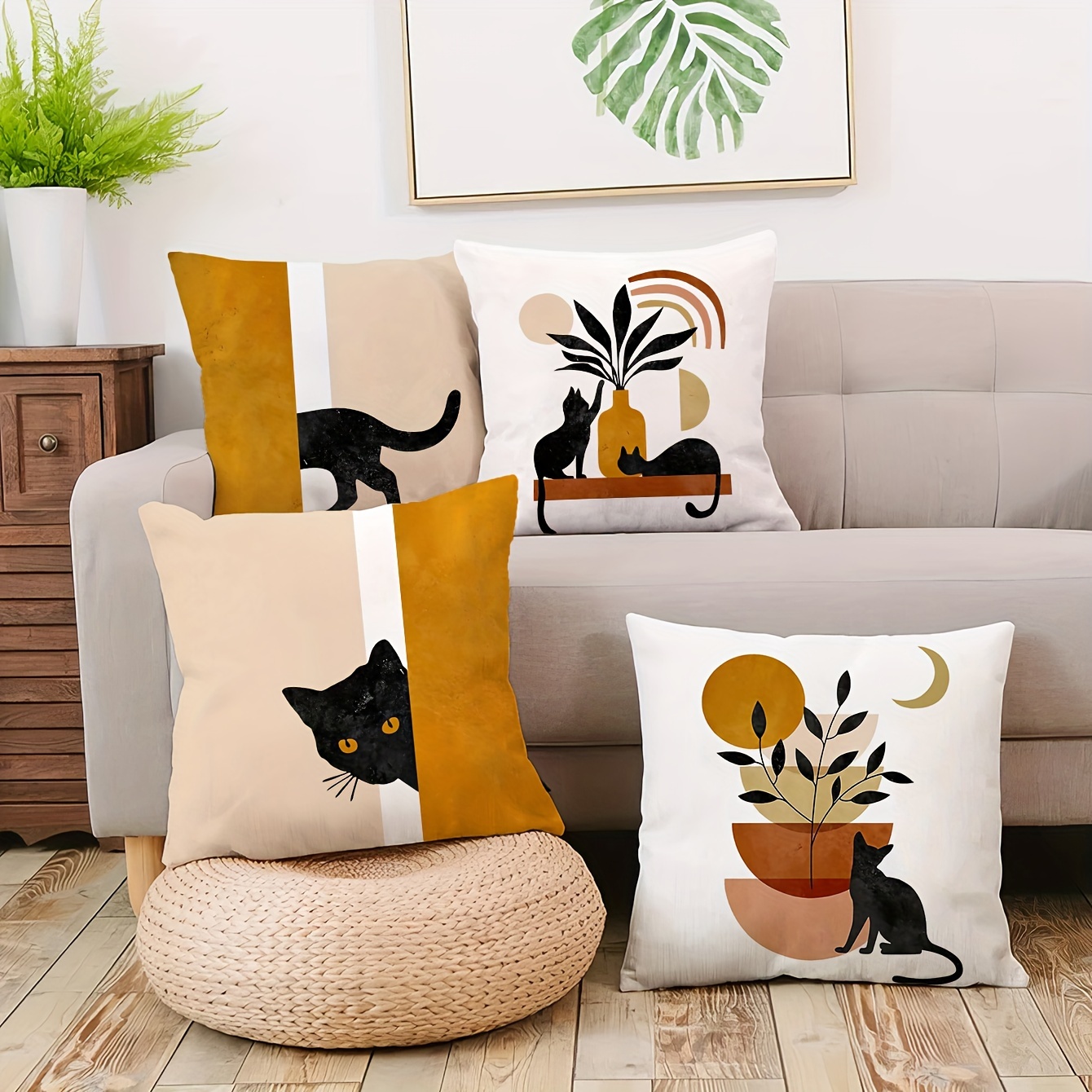 

4pcs, Short Plush Pillow Cushion Cover Cushion Cover Pillow Cover Ultra Soft Single-sided Printing18in*18in Simple Cat Sofa Car Cushion No Pillow Core