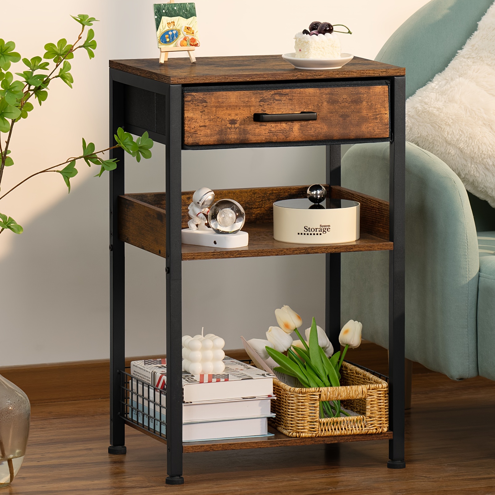 

With Fabric Drawer, 3 Tier Industrial Table With Storage, Modern Tall Printer Stand, Vintage Brown Nightstand, Rustic Bedside Tables For Living Room Bedroom Small Spaces