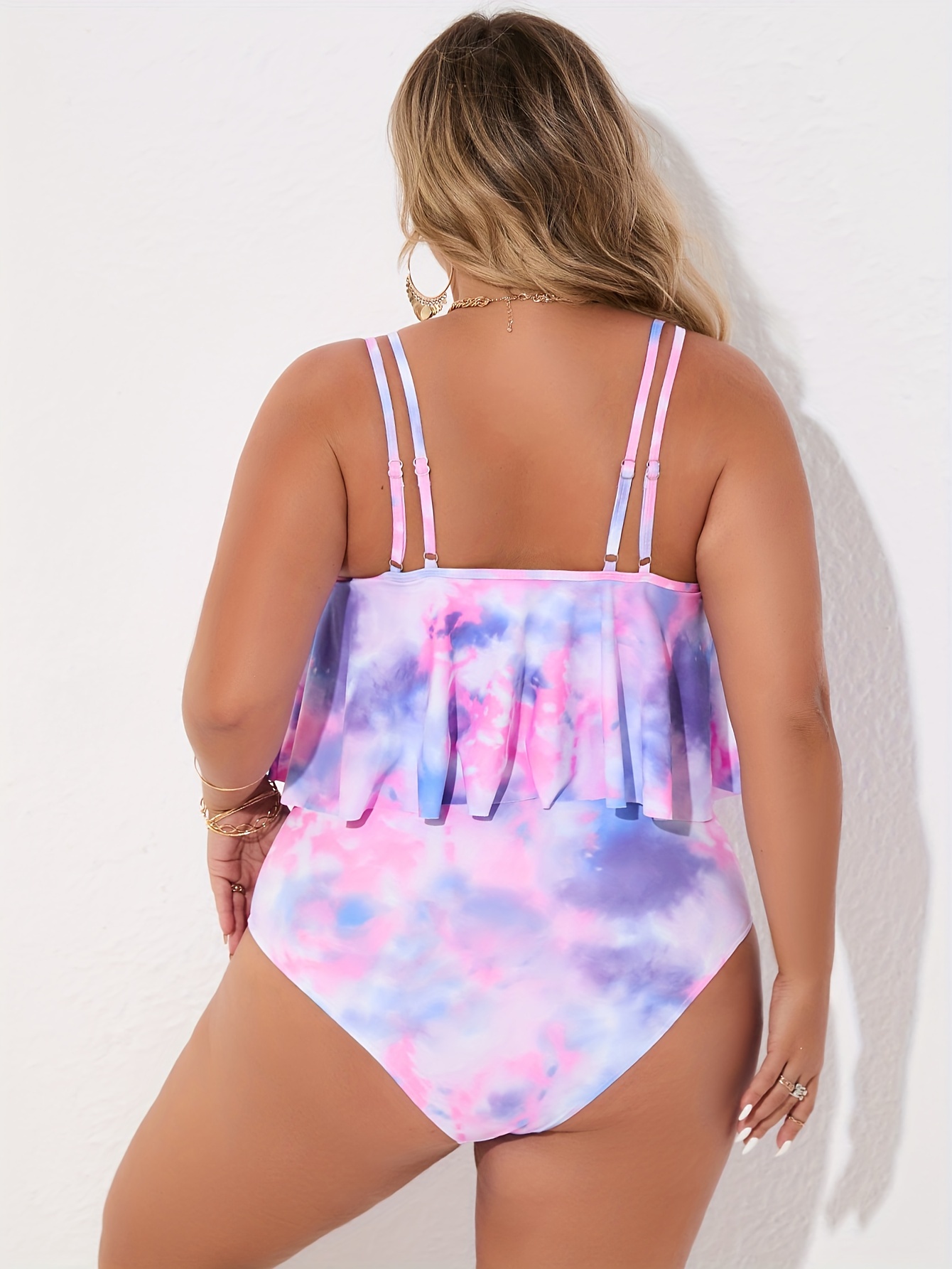 Plus Size Ruffle Shoulder Tankini Women's Plus Size Tie Dye Ruffle