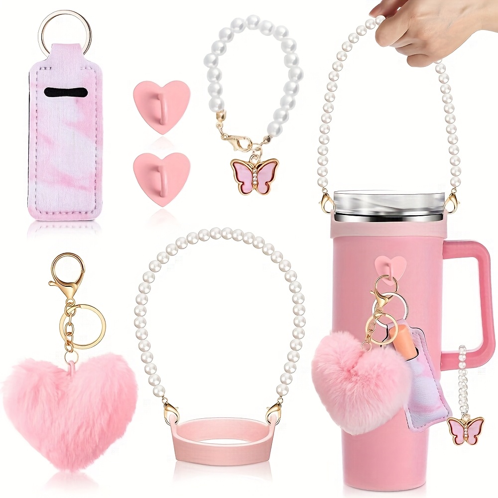 conjunto de accesorios chic para tumbler de 6 piezas para 30oz/40oz -   mango de perla, colgantes de   y  , porta lápiz labial - regalo   para mujeres en navidad, san valentín, día de la  , colgante de  , cubierta para lápiz labial detalles 1