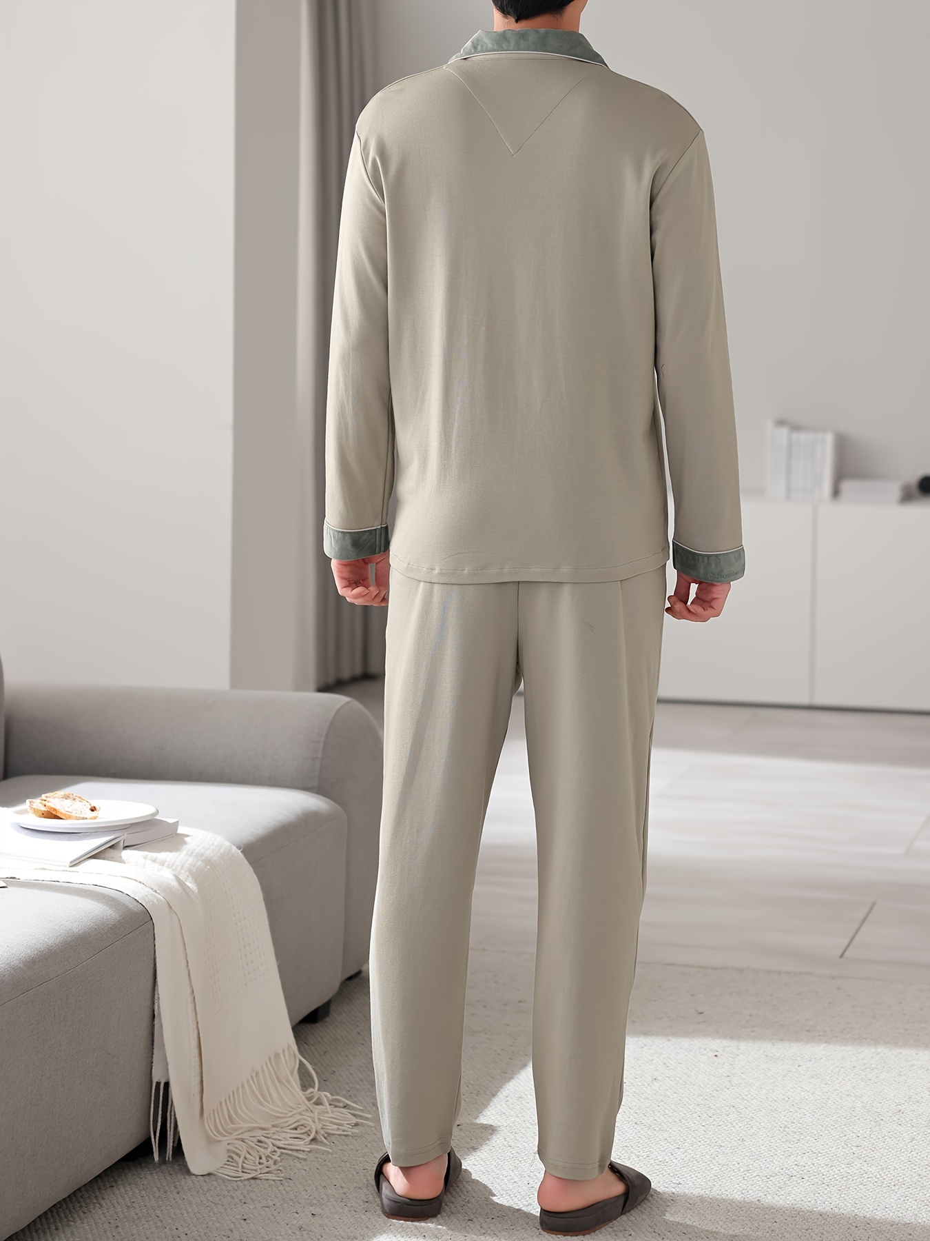 Men's Cotton Pajama Set - Casual Long Sleeve Button-Up Top & Pants, Breathable & Comfortable Loungewear for Spring/Fall