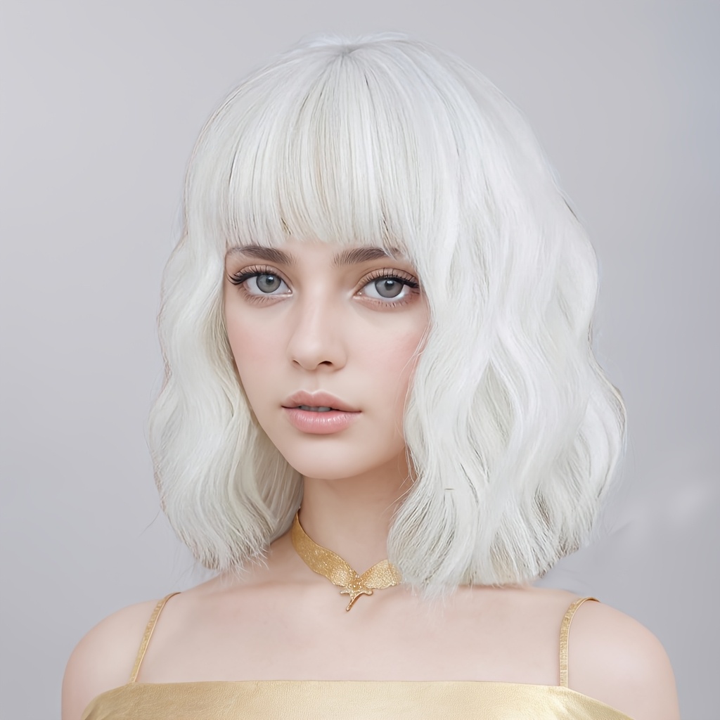Image of Synthetic Bob Wigs White Short Wavy Cosplay Wig With Bangs For Women Daily Party Heat Resistant