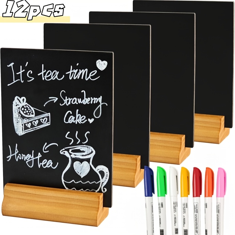 12pcs Chalkboard A6 Double Sided Table Top Blackboard With Solid Wooden Base For Weddings Bar Party (5 Blackboards And 7 Pens)