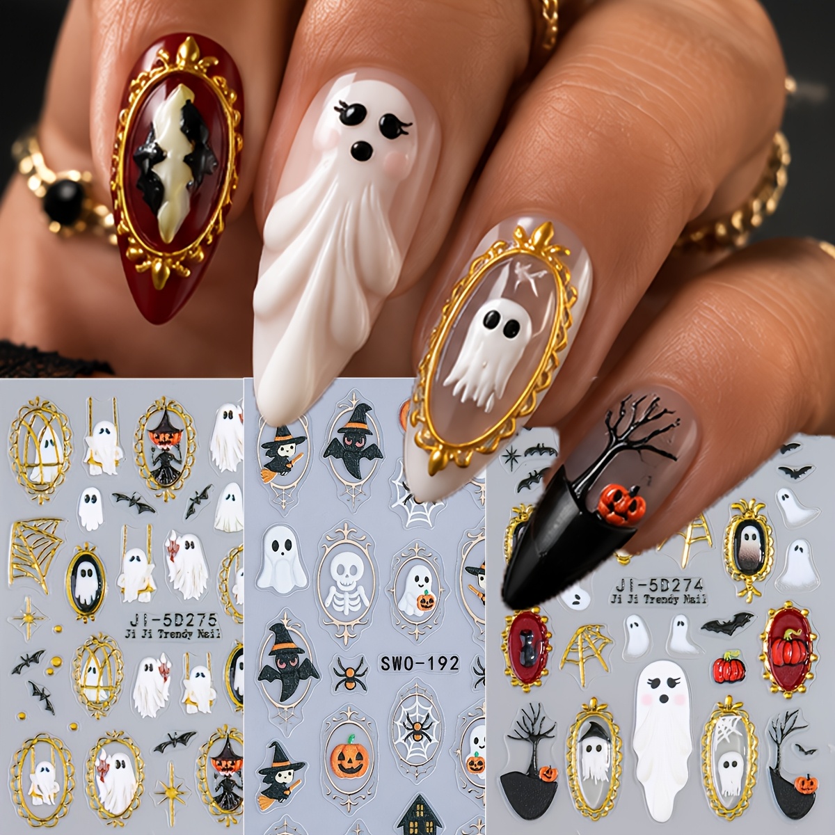 TEMU 3 Sheets 5d Embossed Halloween Nail Stickers Set - Cute , Hats, Pumpkins And Gothic Frames Decals For Manicure, Festival Party Nail Art Decor