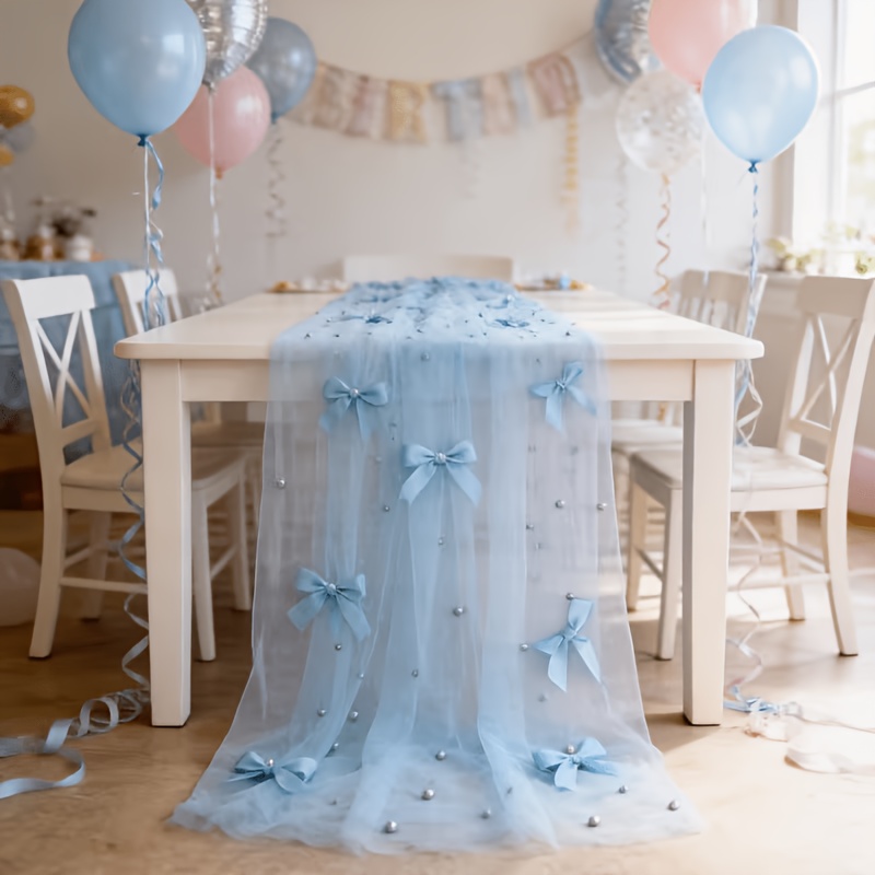 TEMU Chemin de table avec nœud de perles et dentelle en tulle bleu, décoration coquette bohème "" pour de mariage, fête d'anniversaire, de mariée,