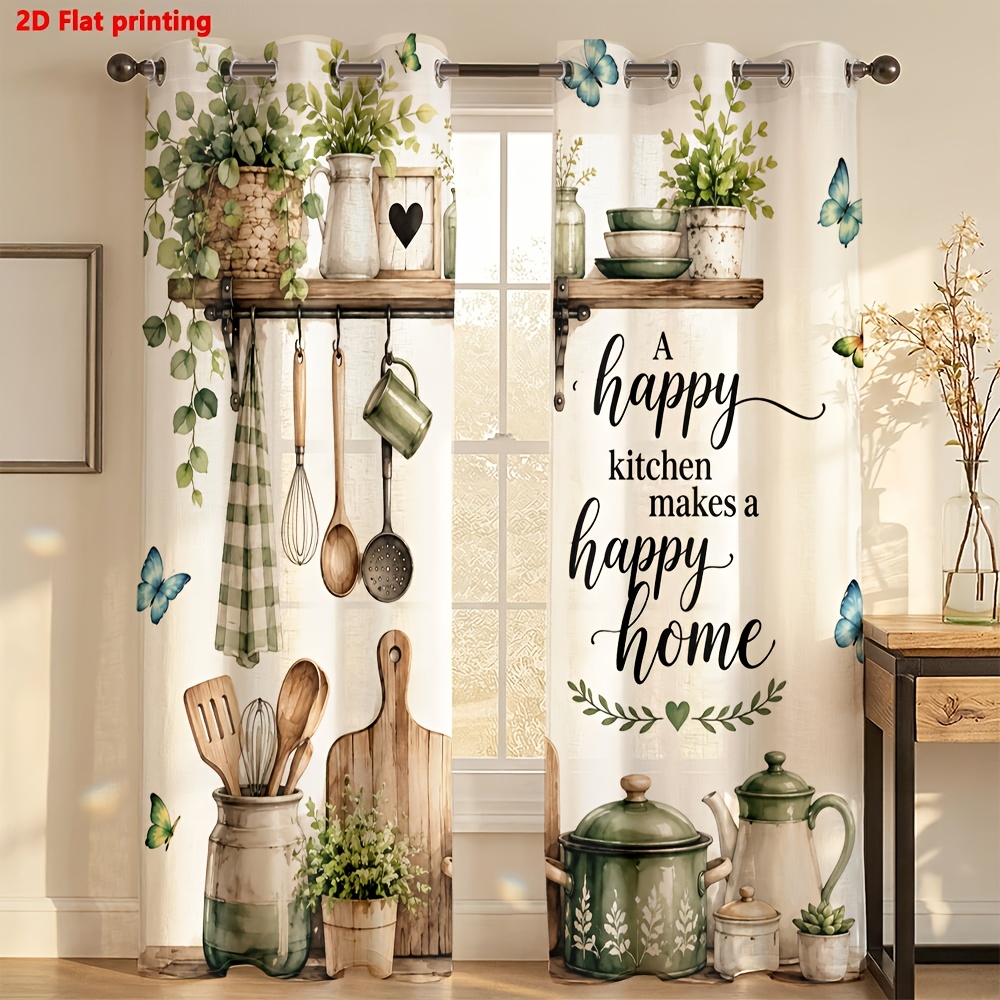 Image of 2d Flat - 2d Flat 2pcs Curtains For Kitchen Decor With Happy Quote And Light Luxury Minimalist European Style, Suitable For Living Rooms, Bedrooms, Study Rooms, And Home Decoration