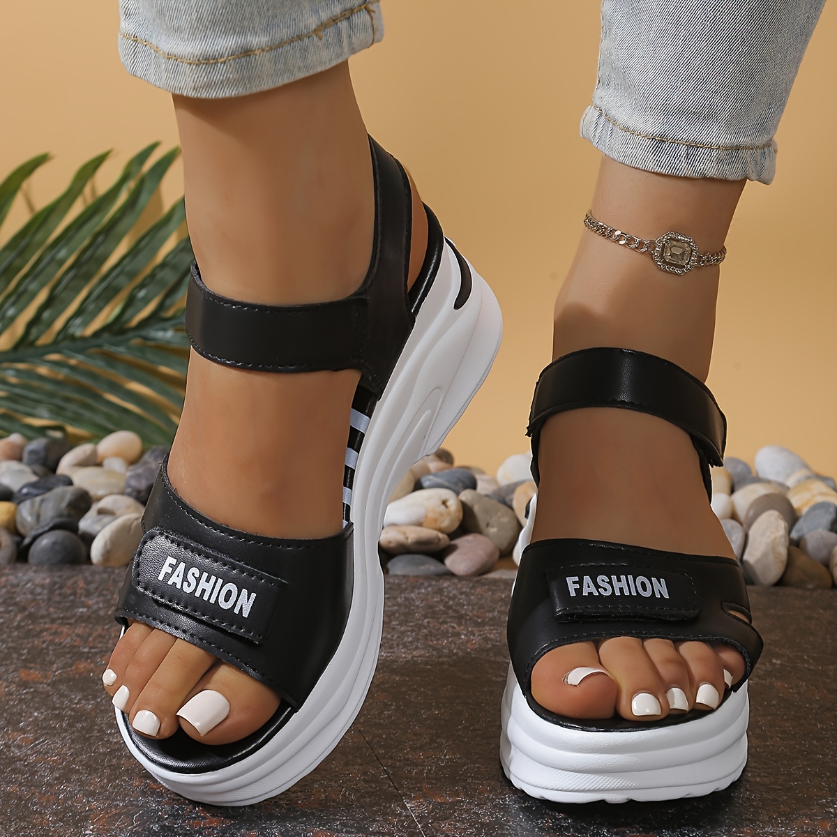 Women'S Summer Fashion Platform Sandals - Casual Open Toe, Hook-and-loop Fastener Strap, White with Black Accents, Rubber Sole, Synthetic Cover, Perfect for Beach or Outdoor Activities, Summer Footwear | Casual Chic | Comfortable Footwear