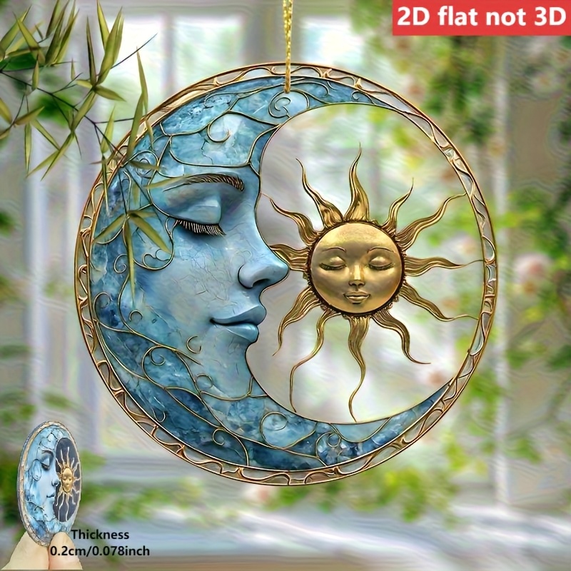 TEMU 2d Flat Surface, 3.15-inch Moon And Sun Painting Light-catching Hanging Ornament - Window Decor, Golden Wall Decoration, Suitable For Home And