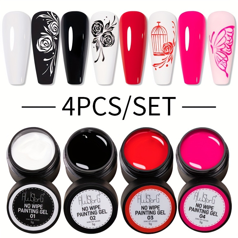 Awstorg 4pcs 5g 4-in--wipe Painting Gel Nail Polish Set Non-flowing Gel Painting Stripe Gel French Nails
