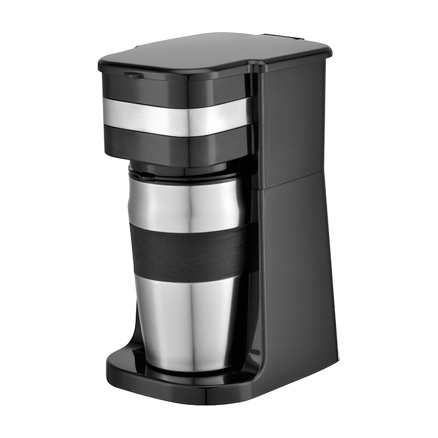 Single Cup Drip Coffee Maker Comes with a Portable 14.2Oz Stainless Steel Cup, Featuring a Removable Filter Basket, Sleek Black End, Automatic Warming, And 750W Power