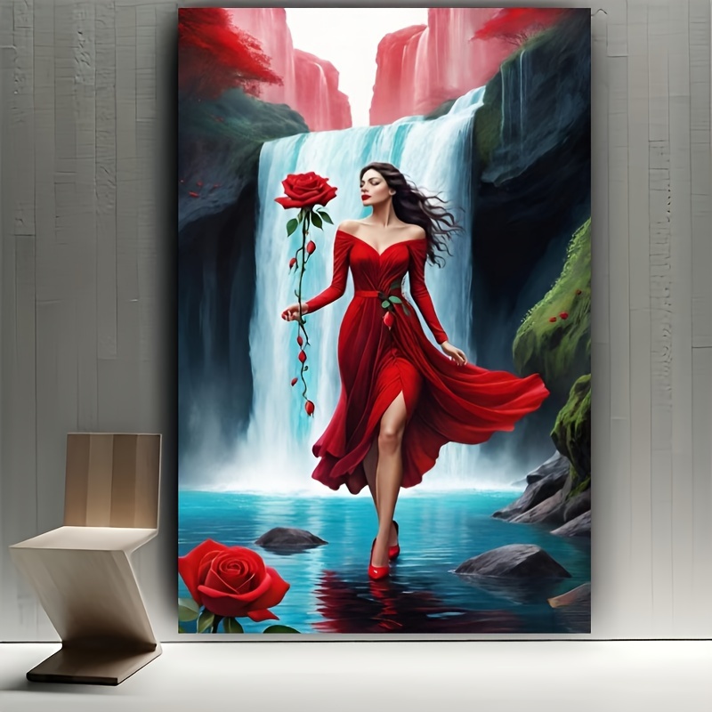 

5d Diy Diamond Painting Kit - Elegant Woman With Red Dress & Rose Canvas Art | Drill Mosaic Craft Set For Home Office Wall Decor | Acrylic Gem Embroidery Kit For Adults | 40x70cm