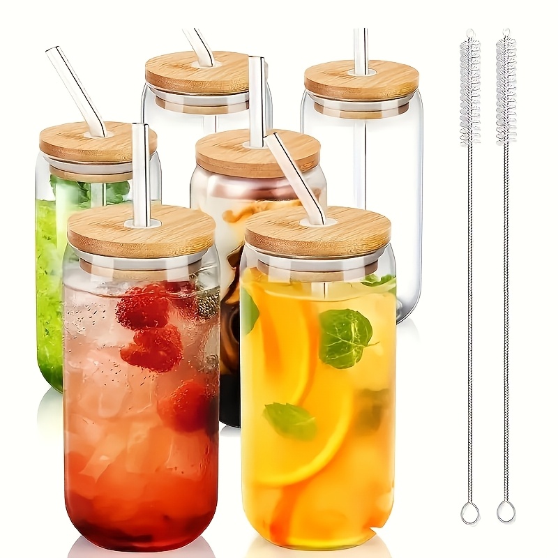 

6pcs, 18.6oz/550ml, With Bamboo Lid, Straw, Straw Brush, Can Shaped Glass Cup Any Occasion, Any Hot Or Cold Drink. , Kitchens, Cafes, And Restaurants. You Can To Make