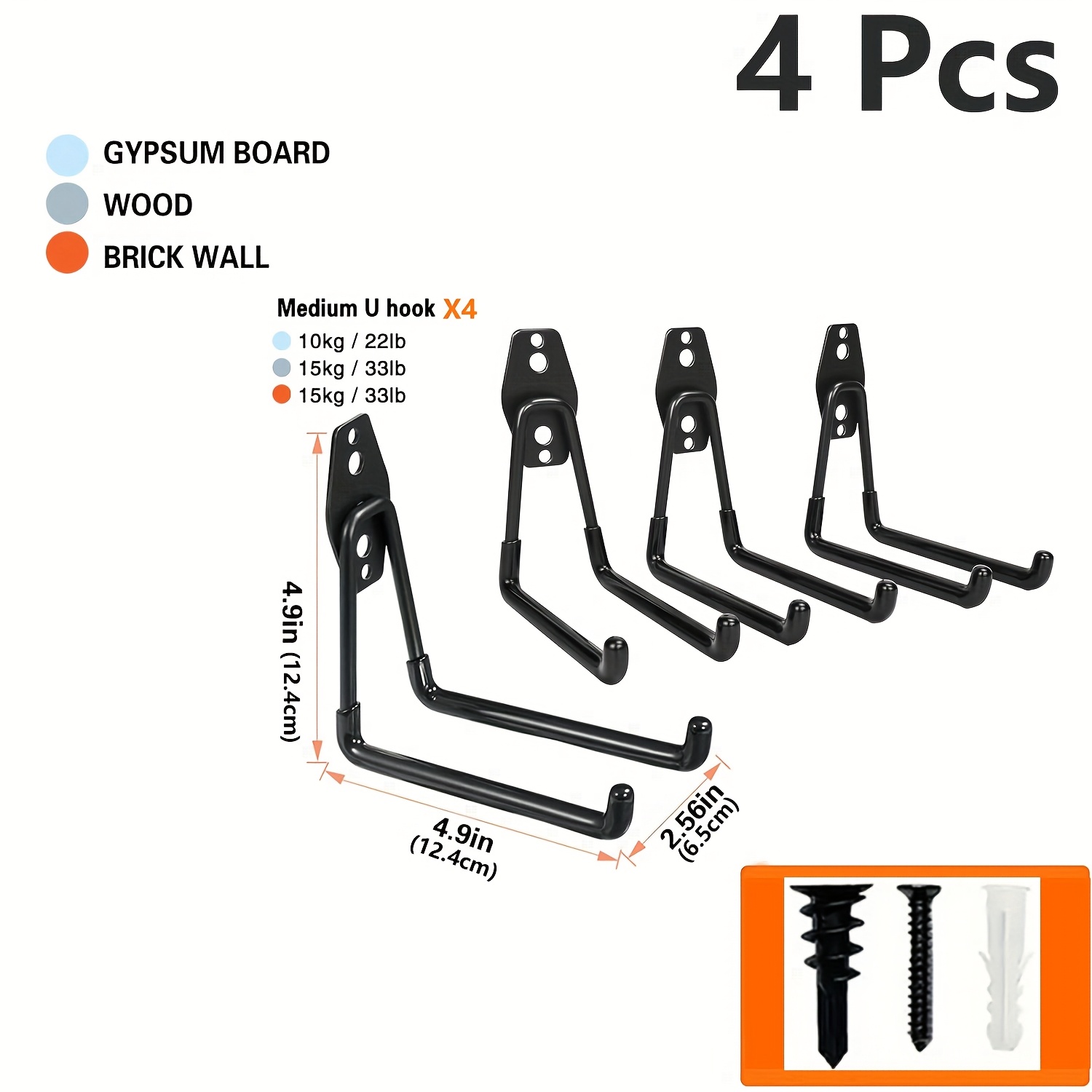 TEMU 4pcs Sturdy Garage Hooks, Practical Steel Garage Storage Hooks, Wall Mounted Garage Hooks And Organizers For Organizing Equipment Such Tools,