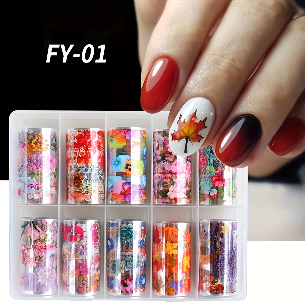 Image of 10 Rolls Maple Leaf Nail Foil Transfer Autumn Floral Transfer Paper Nail Stickers Decals Autumn Maple Leaf Floral Nail Diy Decorative Stickers Suitable For Women And