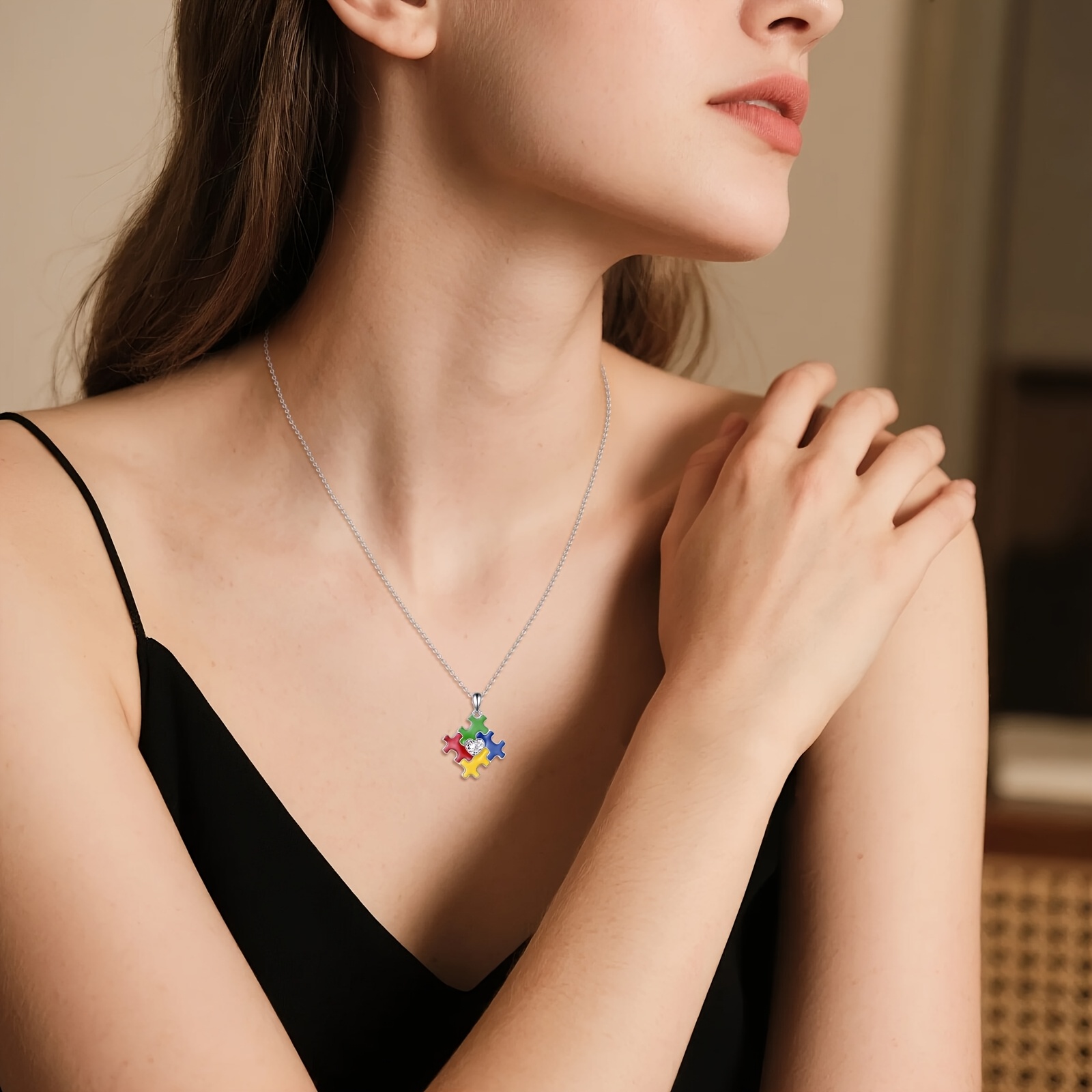 Women's S925 Sterling Silver Puzzle Piece Pendant Necklace — Autism Awareness