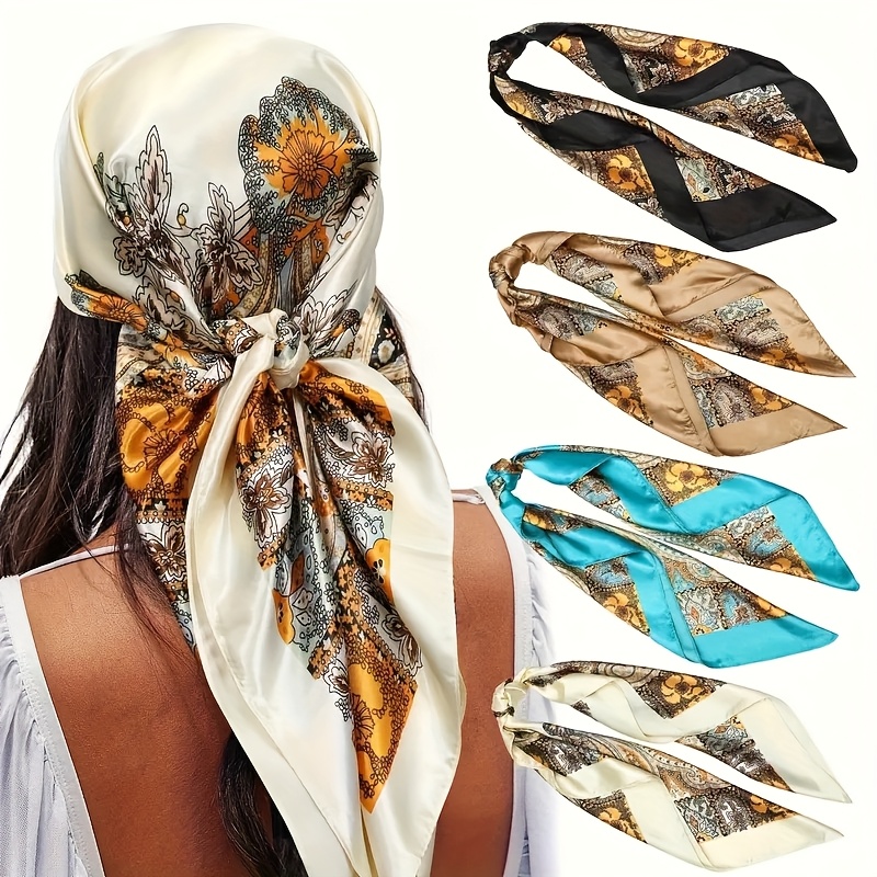 E-shop Elegante Damen-Quadrat-Schal - 4 Stück 35 Zoll Satin Großer Turban, Vielseitiger Schal, Schlaf-Turban - Handwäsche, Formstabil, Bedruckt Batik,