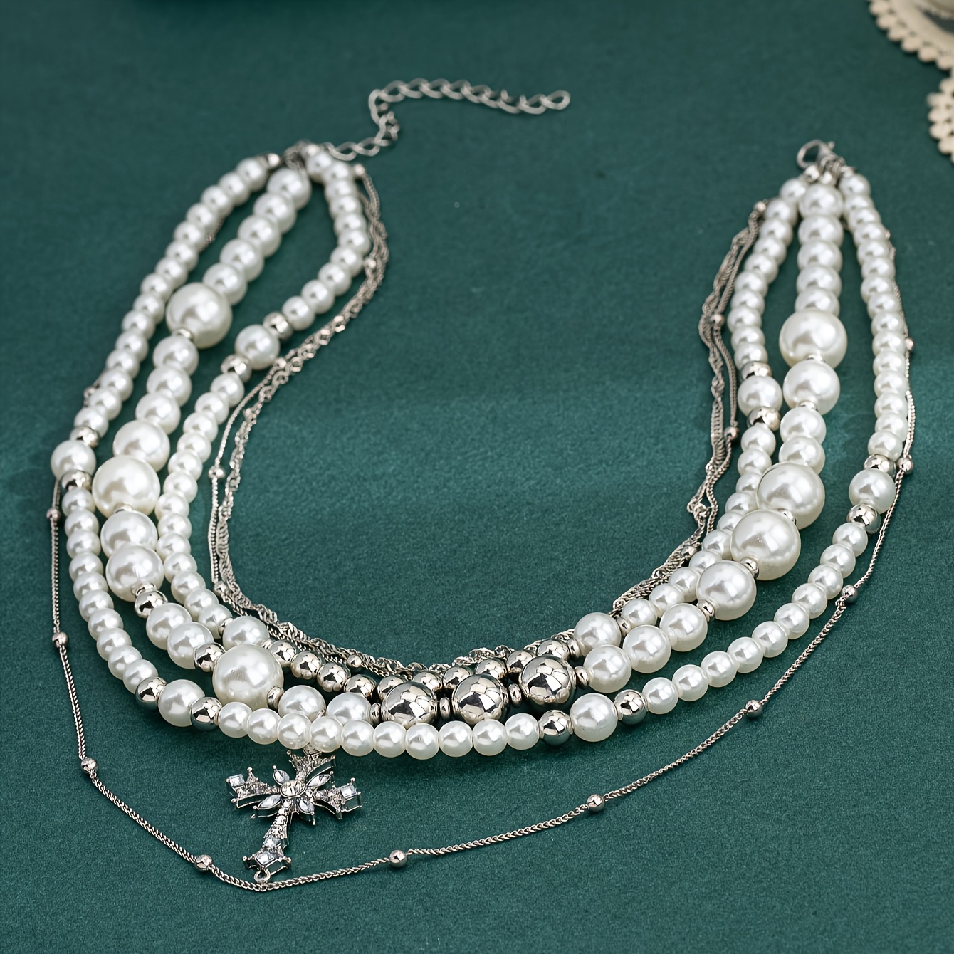 Women's Multi-Layered Cross and Imitation Pearl Necklace