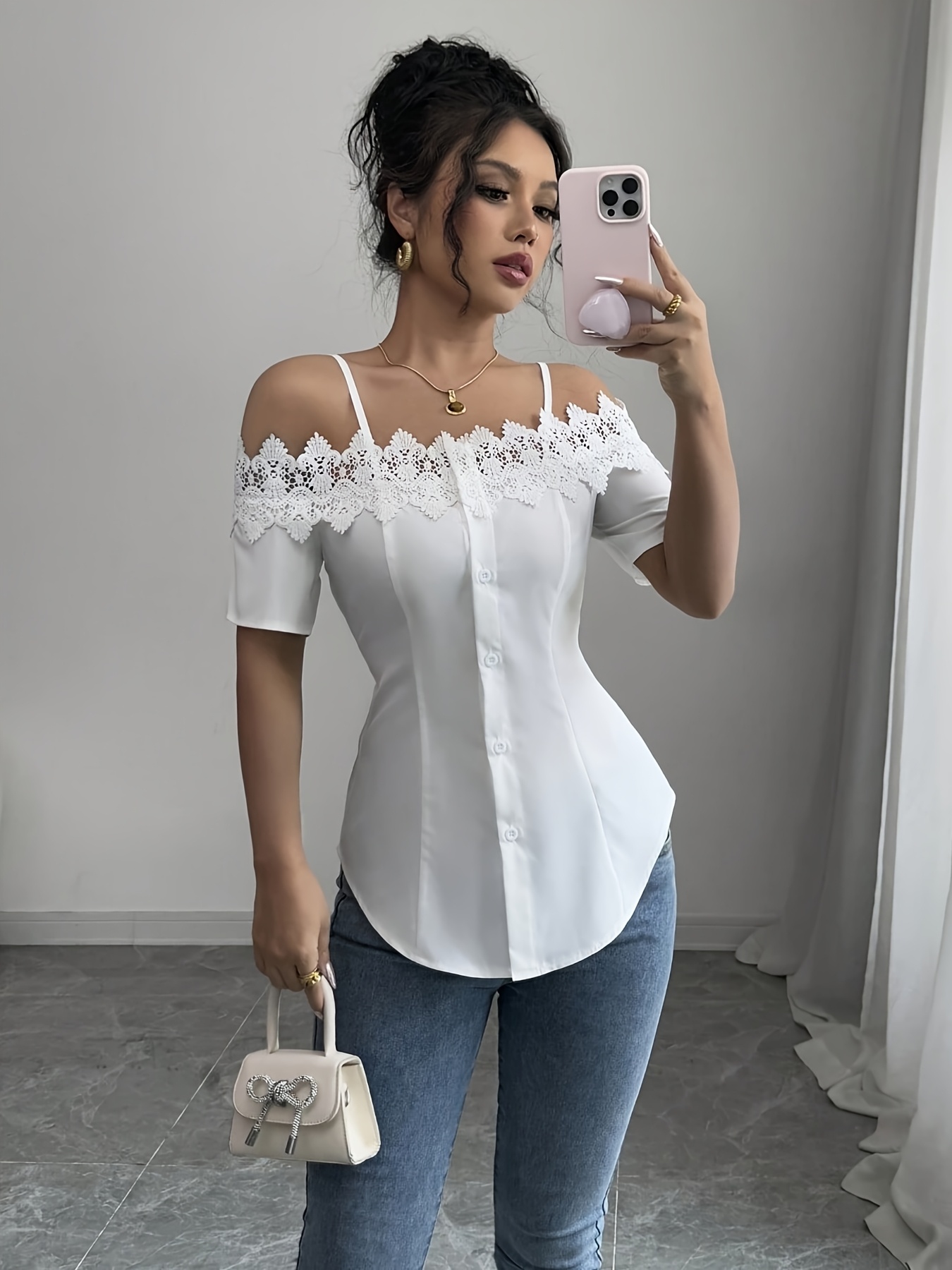 blusa elegante encaje hombros descubiertos mujeres Temu