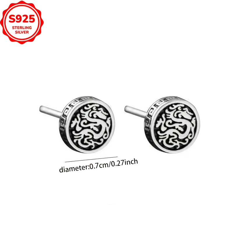 Vintage Dragon Pattern 925 Sterling Silver Stud Earrings
