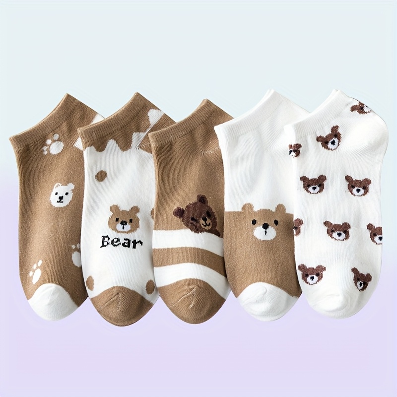 TEMU 5-pair Women's Cute Ankle Socks - Bear Cartoon Socks With Adorable Brown And White Patterns, Low-cut Design, Perfect For Flat Shoes And Canvas