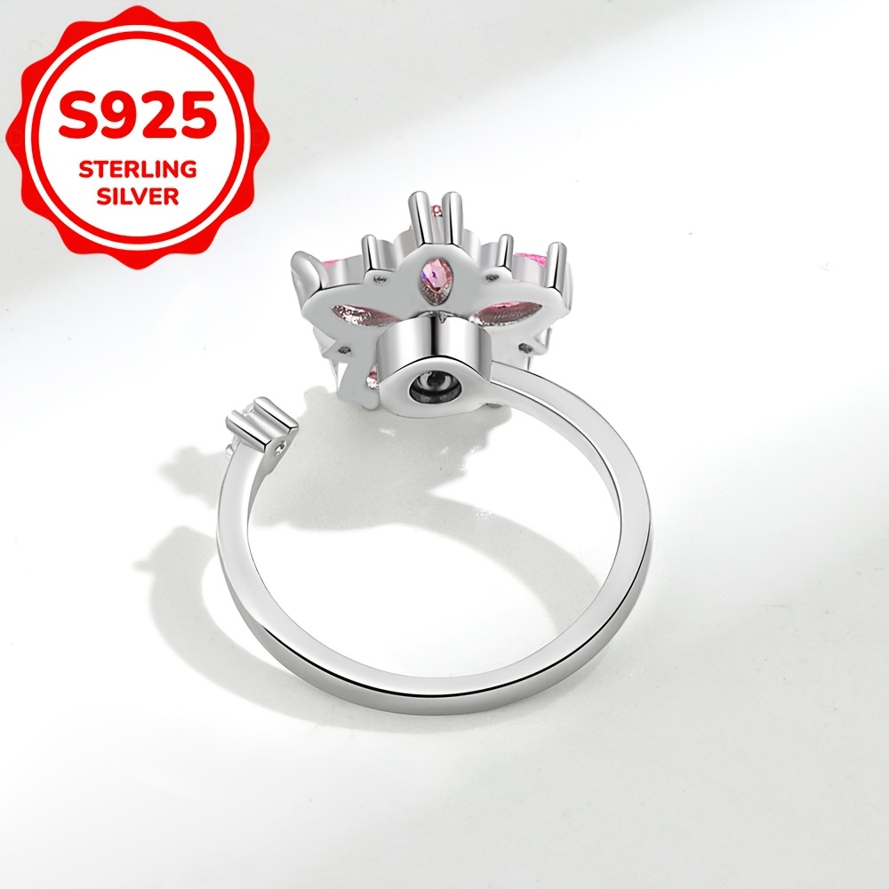 Women's S925 Sterling Silver Rotatable Pink Cherry Blossom Ring