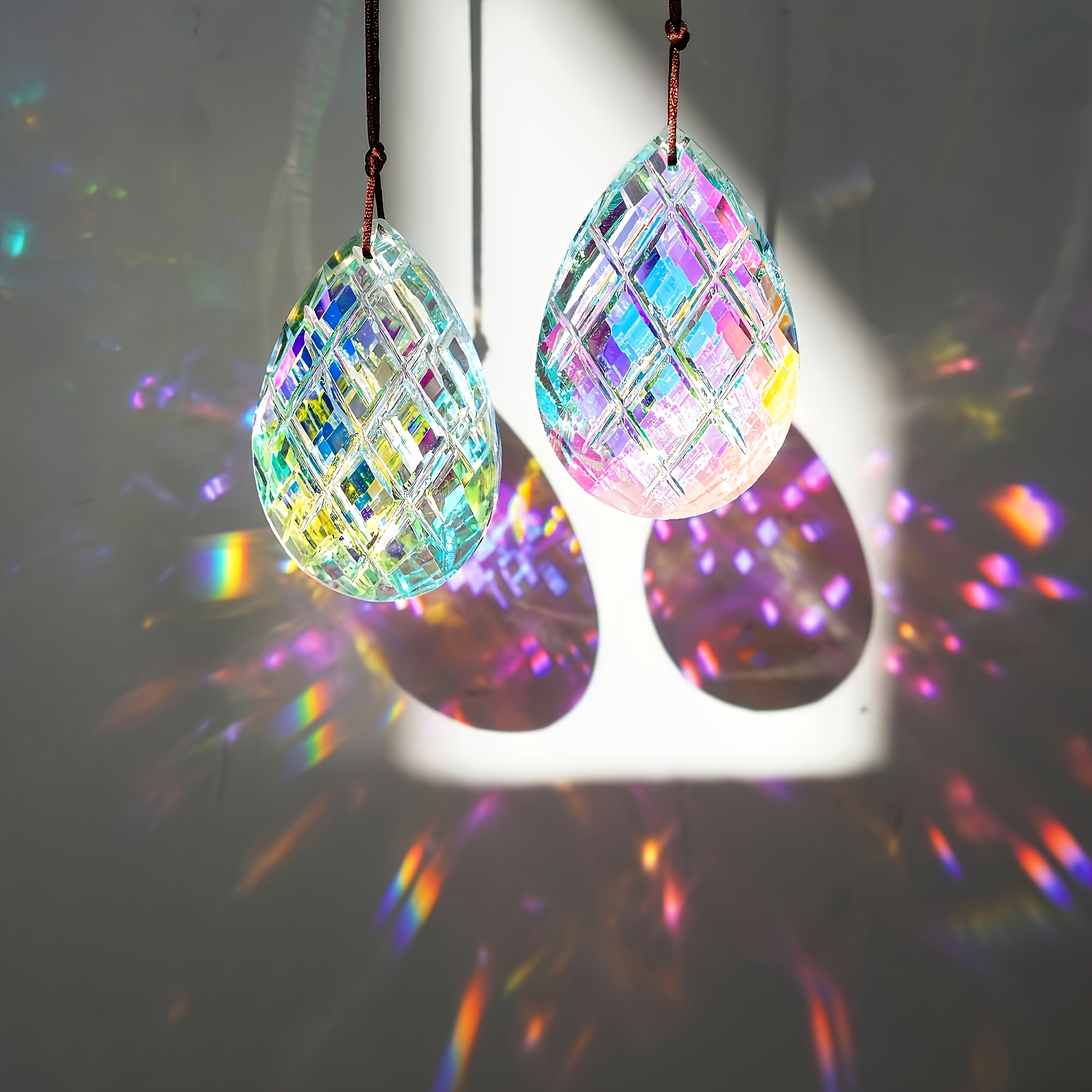 Image of 2pcs Of Catchers, 3-inch Grid Ab Colored Glass Prisms For Window Decoration, Garden Hanging, Outdoor Festival Sculptures, And Christmas Ornaments