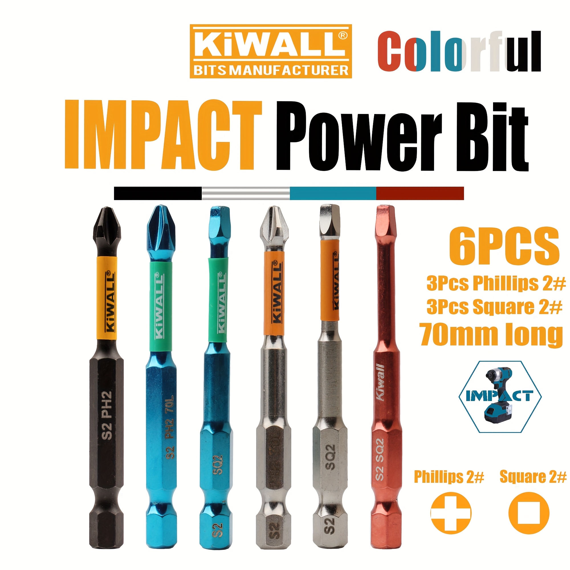 

6 Pieces Of 70mm Colorful Impact Screwdriver Bits, Made Of S2 Steel, High Hardness Magnetic Industrial Bits