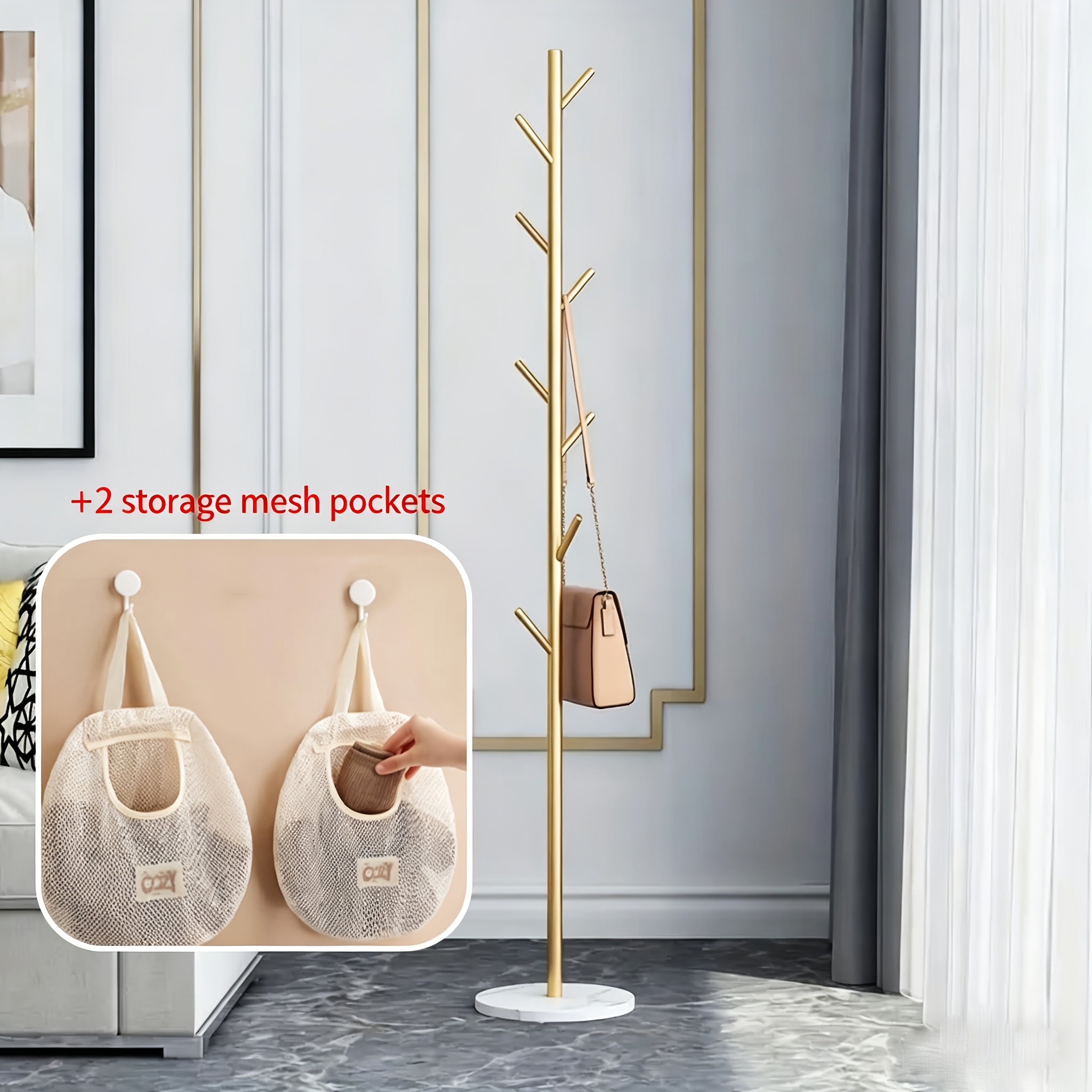 Image of 1pc Golden Metal Coat Rack - Tree Coat Rack W/ Decorative Base, Freestanding Entryway Organizer, Easy Assembly Space- Storage For Hats, Bags, Scarves, Bedroom & Living Room, Bedroom Clothing Rack