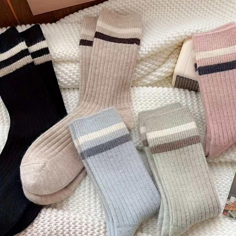 

5pcs Elegant Striped Mid-calf Socks For Women - Soft, Comfortable & Warm Polyester , Machine Washable
