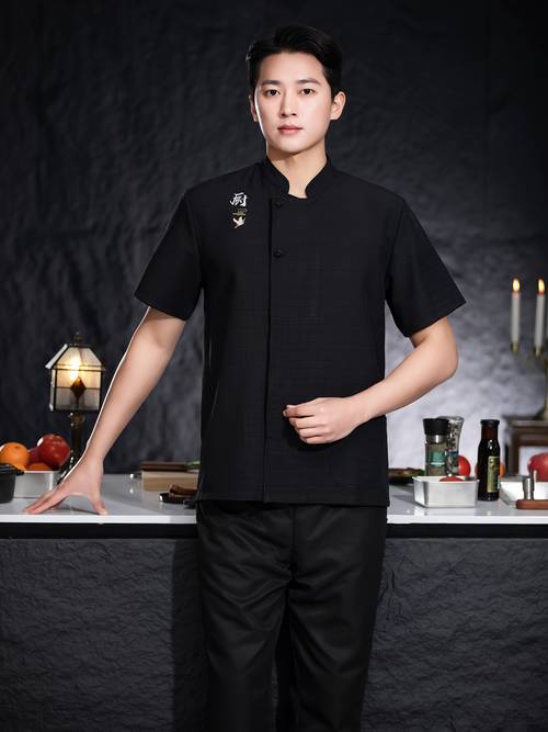 breathable uniform short sleeve embroidered chef shirt for men black with golden accents kitchen hotel or