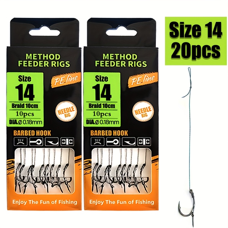 TEMU 20pcs de pêche Method Feeder Premium, Ligne tressée haute résistance avec hameçons barbelés (Tailles 6-14), Parfait pour les passionnés de pêche
