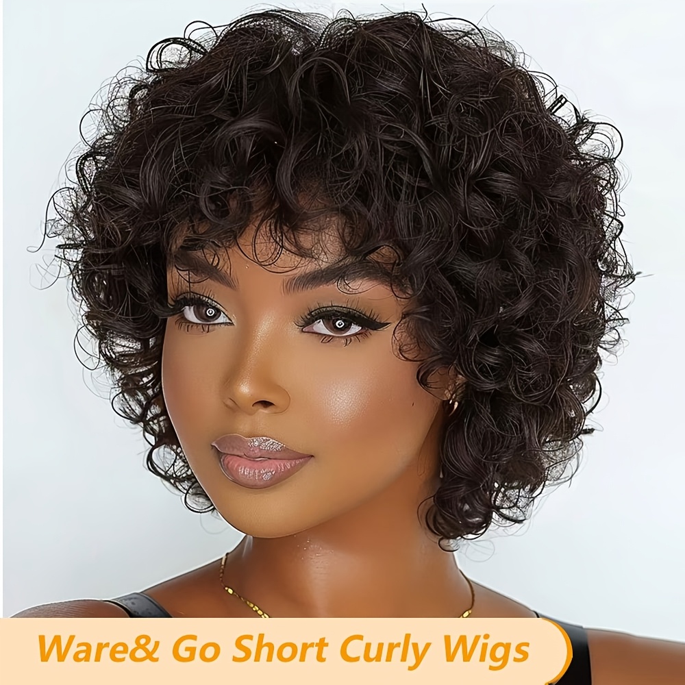 TEMU Elegant 6-inch Deep Curly Bob Wig With Bangs For Women - Brazilian Human Hair, Short Cut, Afro Curly Style, Natural Look, Or Special Occasions, Hair Wig