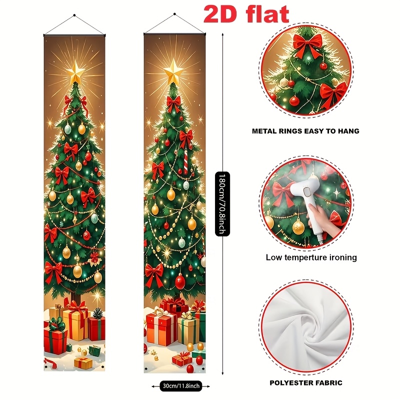 TEMU 2d Door Banner 2pcs Christmas Tree Door Banner Set, Xmas Gift Box Porch Hanging Sign, Front Door Wall Decor For Home Outdoor Christmas Party
