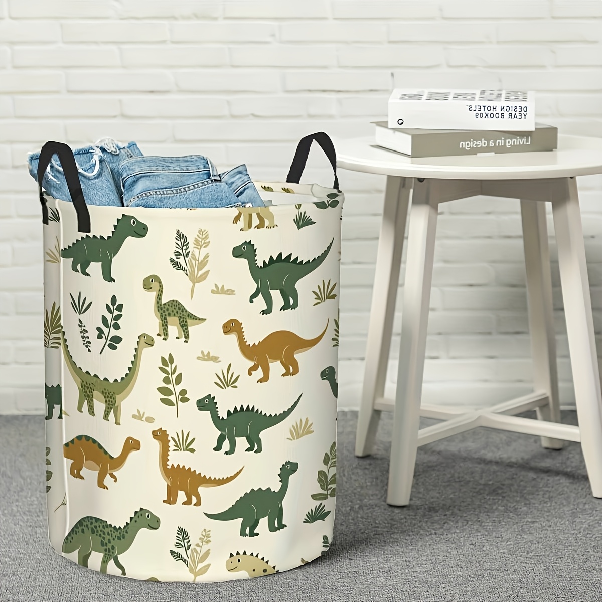 TEMU 1 pièce, Panier à linge motif dinosaure et plantes - Panier de rangement rond pliable, design ouvert , buanderie, rangement jouets - Panier à
