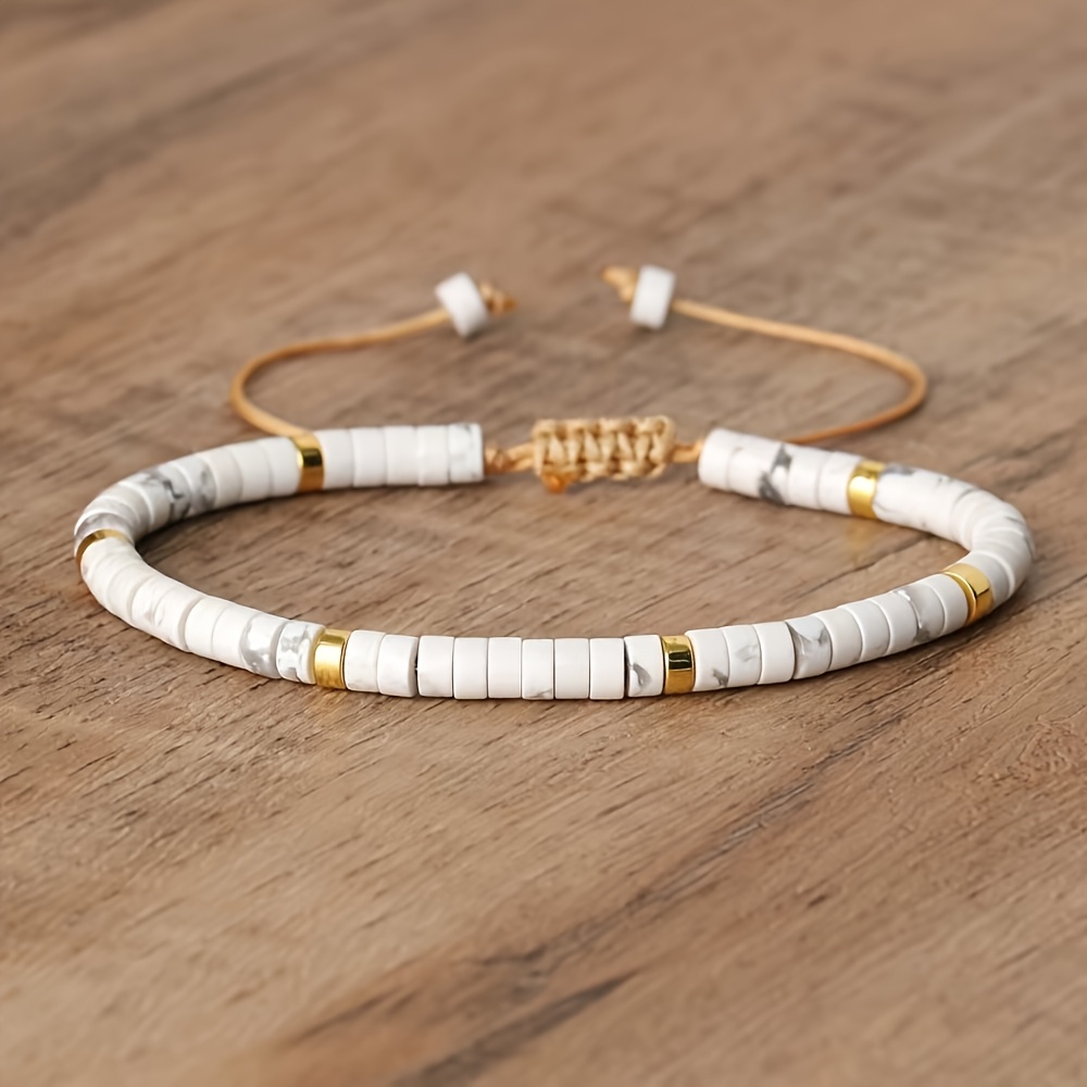 E-shop Armband mit Abstandsperlen aus natürlichem weißem Türkis – Geflochten verstellbar für böhmische Frauen | Minimalistischer handgefertigter