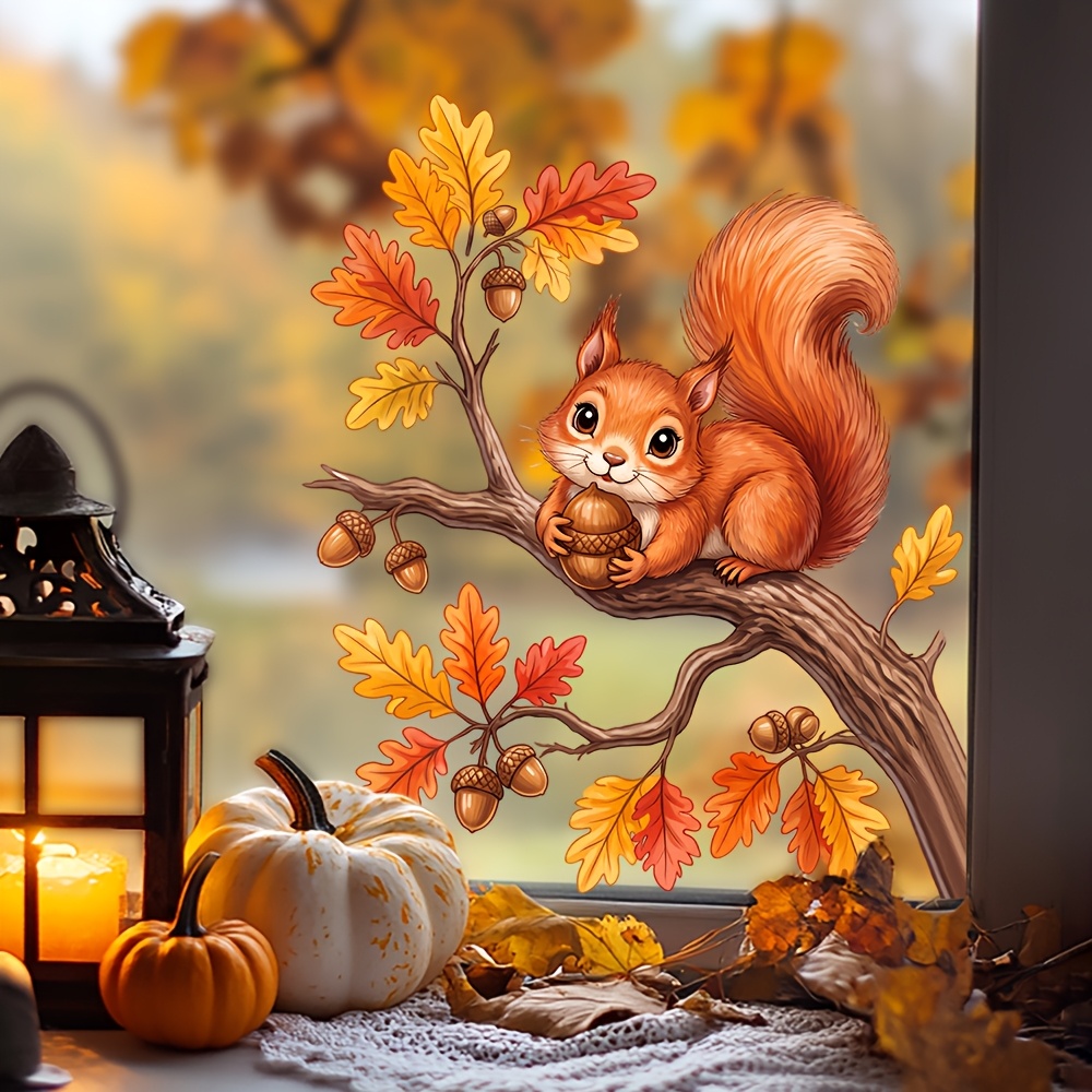 TEMU Adesivo 2D piatto, 1 pezzo, con autunnale, ghianda e ramo d'albero, 2D, foglie autunnali e piccoli animali dipinti a , decalcomania per finestra