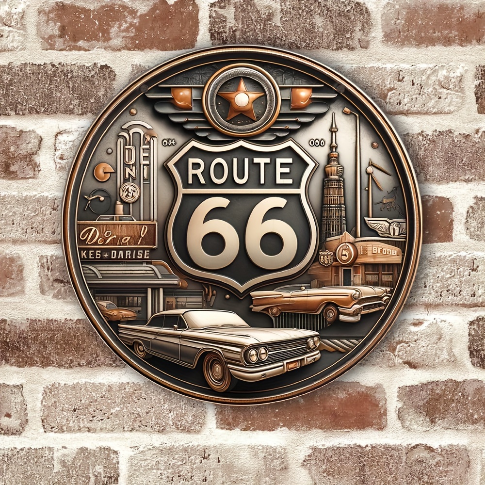 

Vintage Route 66 Metal Sign - 8"x8" Aluminum Wall Art For Home, Garage, Cafe & Bar Decor | Durable Retro Round Plaque | Perfect Gift For Travel Enthusiasts